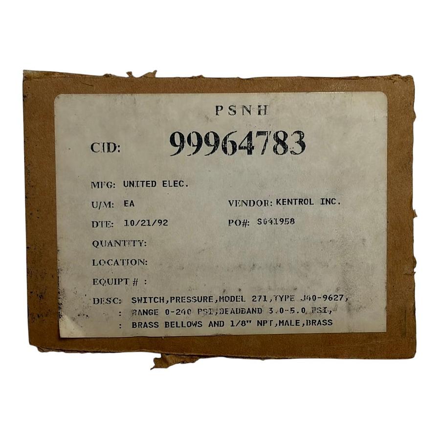 United Electric Controls J40 Model 271 Pressure Switch Stock 9627 New Surplus