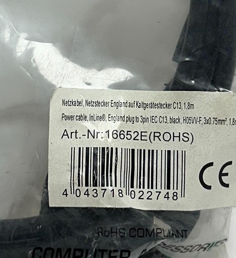 Used 2 INLINE 16652E POWER CABLES UK/ENGLAND PLUG TO IEC-C13 1.8M LENGTH NSMP