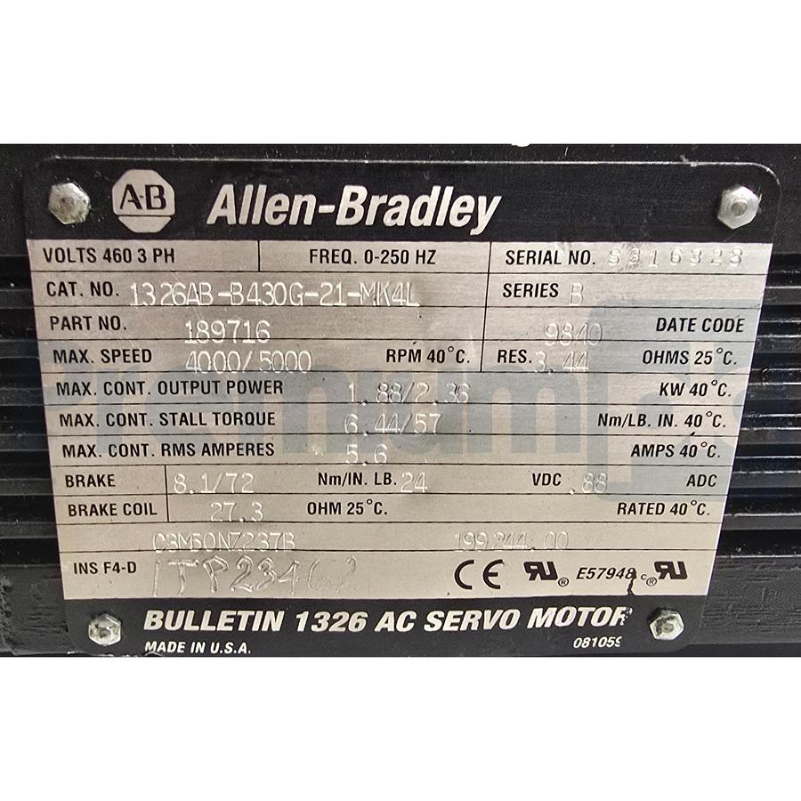 Used Allen-Bradley 1326AB-B430G-21-MK4L /B Servo Motor 460V 3PH w/Brake 24V REPAIRED