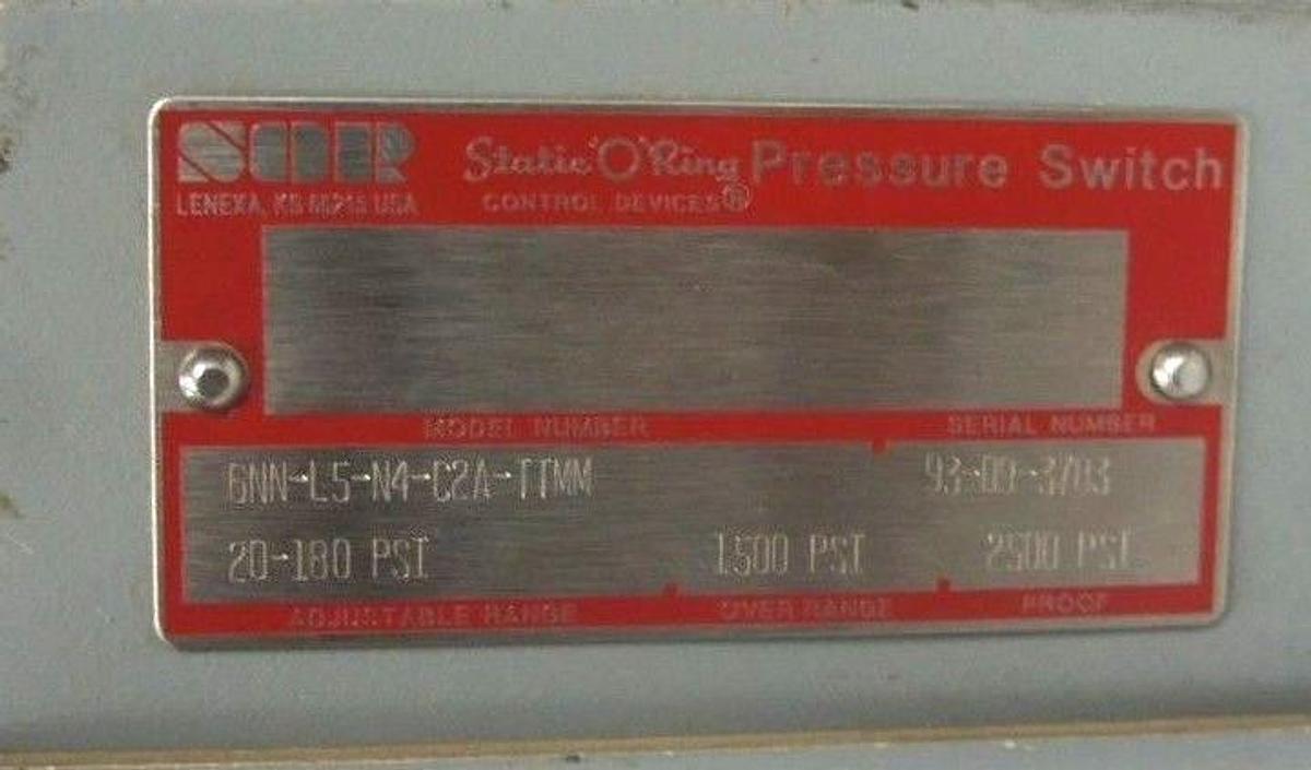 Used SOR GNN-L5-C2A-TTMM CONTROL DEVICE PRESSURE SWITCH 20-180PSI RANGE GNNL5C2ATTMM