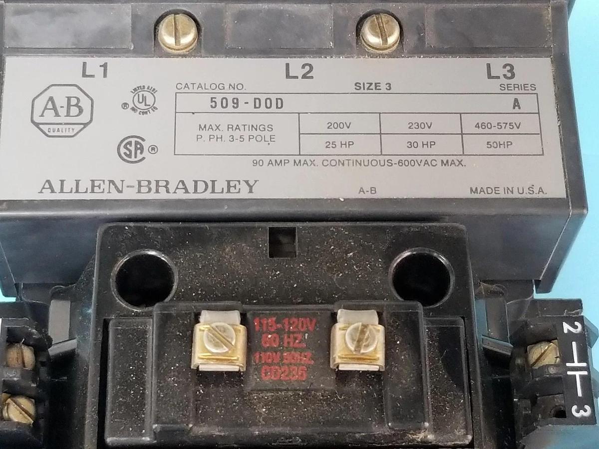 Used ALLEN BRADLEY 509-DOD STARTER SER. A, COIL: CD236 115-120V 60HZ, 595-AA , 595-A