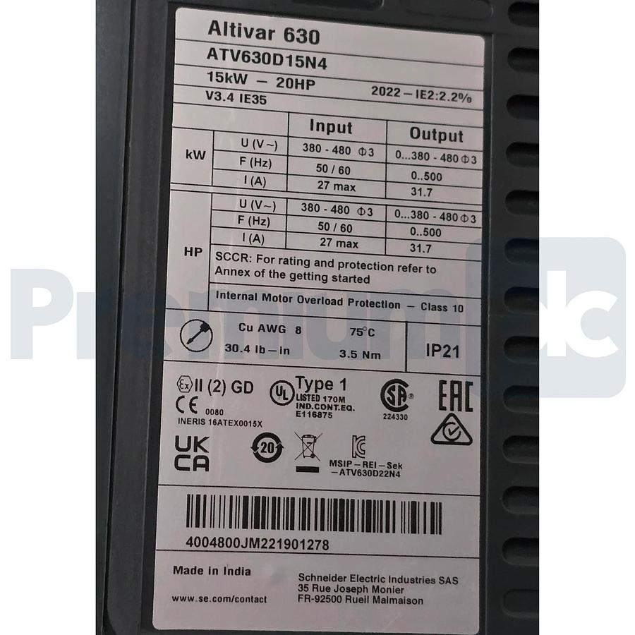 Used Schneider ATV630D15N4 Altivar ATV630 Variable Speed Drive VFD 3Ph 480V 20HP USPI