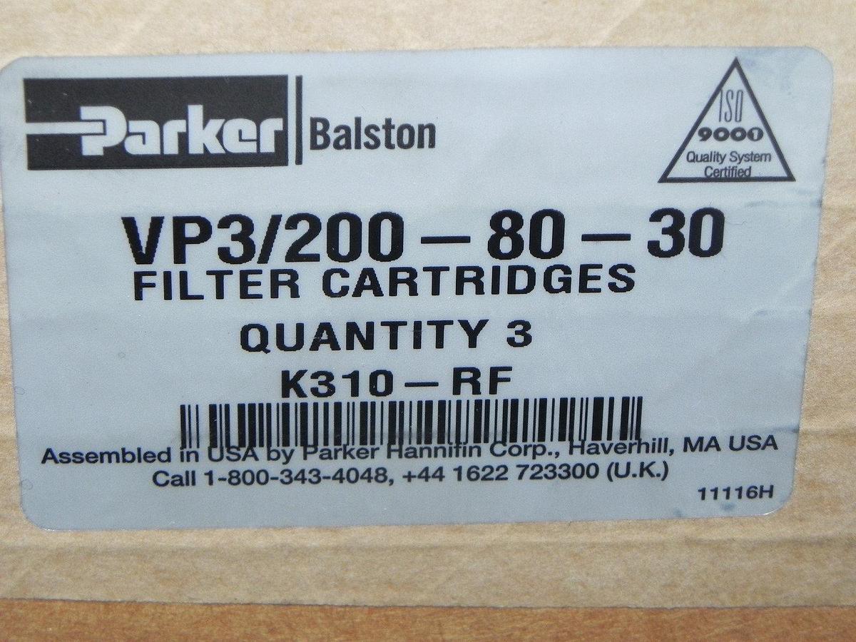 Used (3) PARKER VP3/200-80-30 FILTER CARTRIDGES QTY: 3 K310-RF VP200 TUBES NEW IN BOX