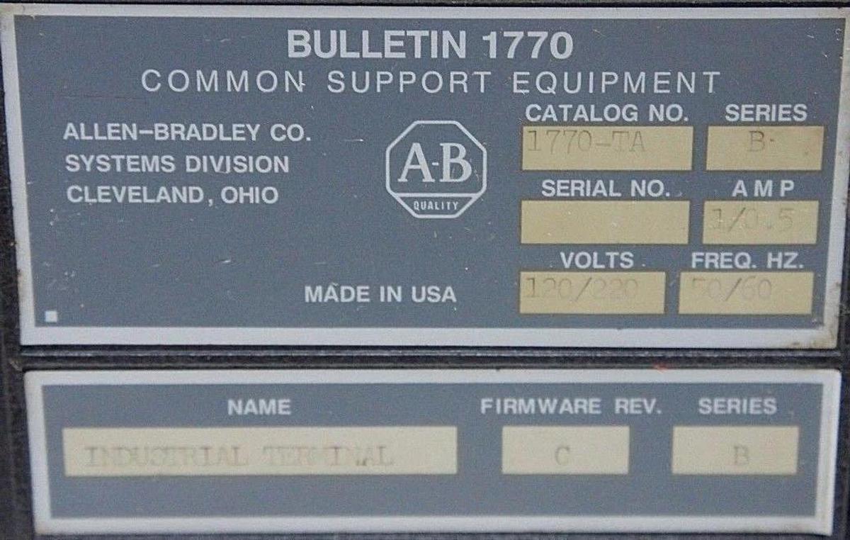 Used ALLEN BRADLEY 1770-TA INDUSTRIAL TERMINAL FIRMWARE REV. C SERIES B 1770-KCB