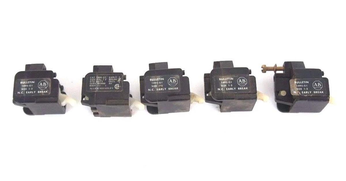 Used LOT OF 5 ALLEN BRADLEY 1495-G1 AUXILIARY CONTACTS SIZE 1-2, 600V, 1495G1