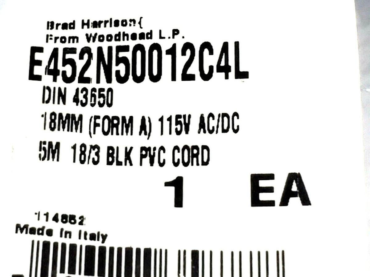 NEW BRAD HARRISON E452N50012C4L DIN 43650, 18MM, 115V AC/DC, 5M 18/3 BLK