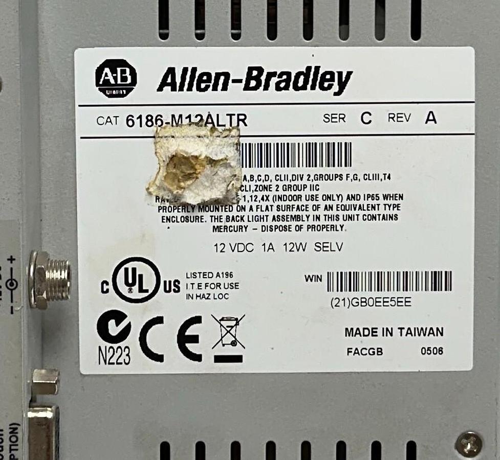 Used ALLEN BRADLEY 6186-M12ALTR /C VersaView 1200M TOUCH PANEL 12VDC 6186M12ALTR USNP