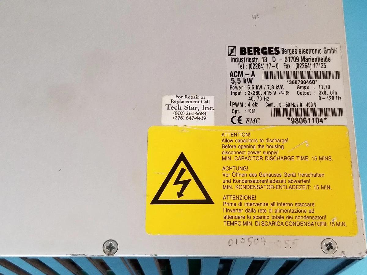 Used BERGES ELECTRONICS D-51709 SERVO DRIVE ACM-A 5,5 KW 7.8 KVA, 11,70A