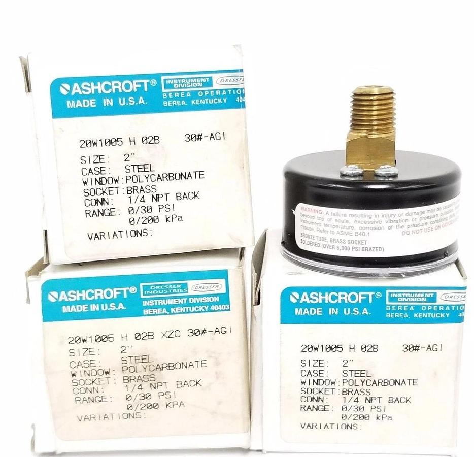 Used LOT OF 3 NIB ASHCROFT 20W1005H02B PRESS. GAUGE 1/4'' NPT, 0/30 PSI, 20W1005H02BX