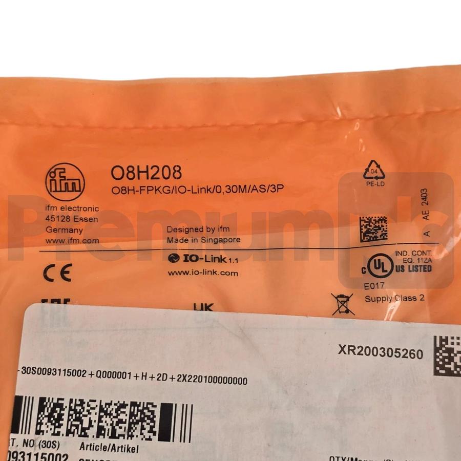 Used ifm O8H208 Diffuse Reflection Sensor w/BG Suppr. O8H-FPKG/IO-Link/0,30M/AS/3P 4021179302357