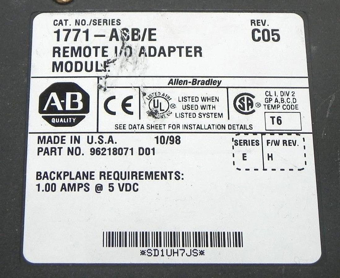 Used ALLEN BRADLEY 1771-ASB/E REMOTE I/O ADAPTER MODULE REV C05 1771ASBE