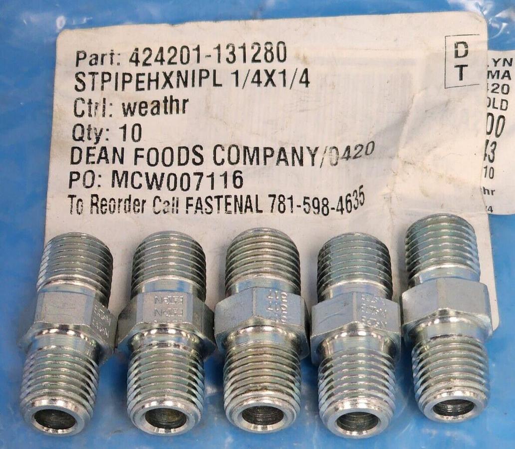 Used LOT OF 5 NEW ROXROTH 424201-131280 1/4 x 1/4 NIPPLES