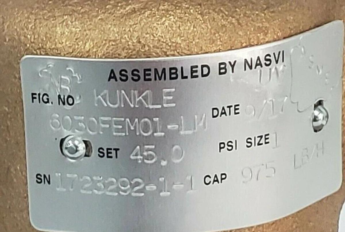 NIB KUNKLE 6030FEM01-LM SAFETY RELIEF VALVE, 45PSI, 6030FEM01-LM-0045, 1"