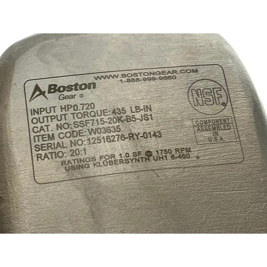 Boston Gear SSF715-20K-B5-JS1 Stainless Speed Reducer 20:1 Gearbox W03635 New