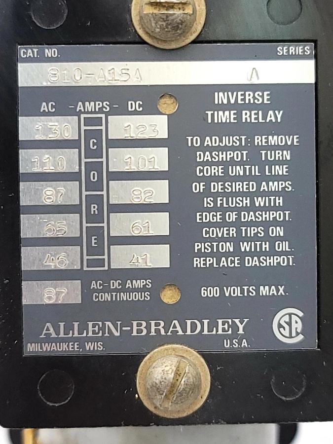 Used ALLEN BRADLEY 810-A15A INVERSE TIME RELAY 810A15A SER. A