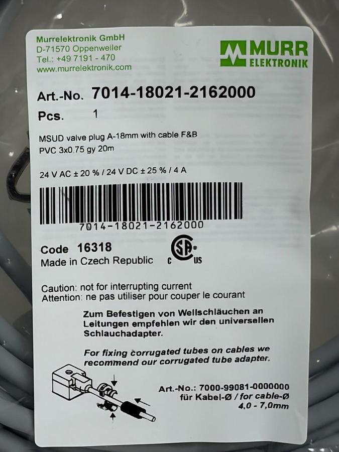 Murrelektronik 7014-18021-2162000 MSUD Valve Plug Form A 18mm 20m Cable New