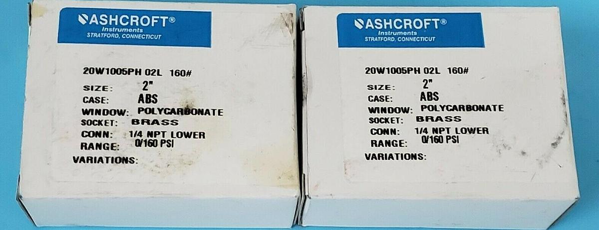 Used LOT OF 2 NIB ASHCROFT 20W1005PH 02L 160# PRESSURE GAUGES 0-160PSI, 1/4 NPT LOWER