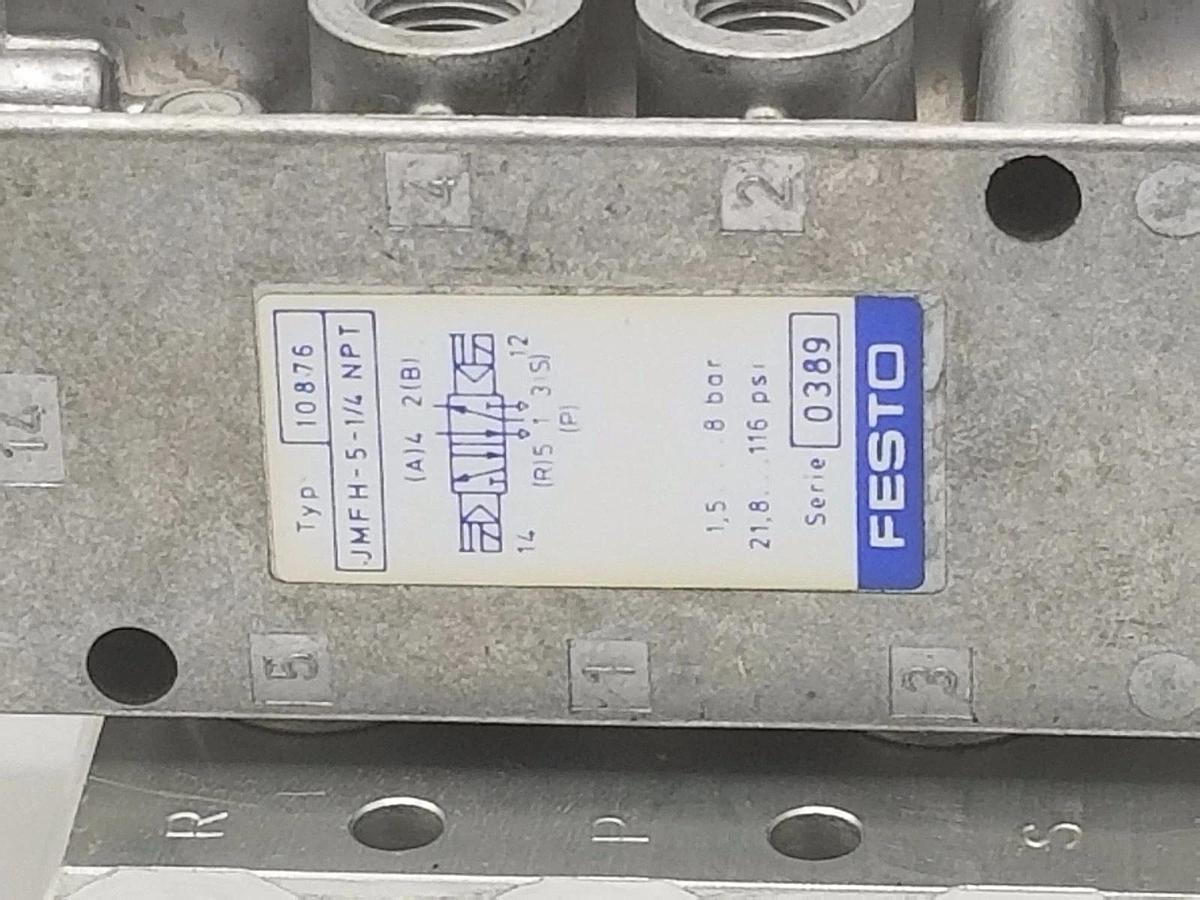 Used FESTO SOLENOID BLOCK VALVE ASSEMBLY JMFH-5-1/4-NPT, 10876, 0389 W/MSFW-110 COILS
