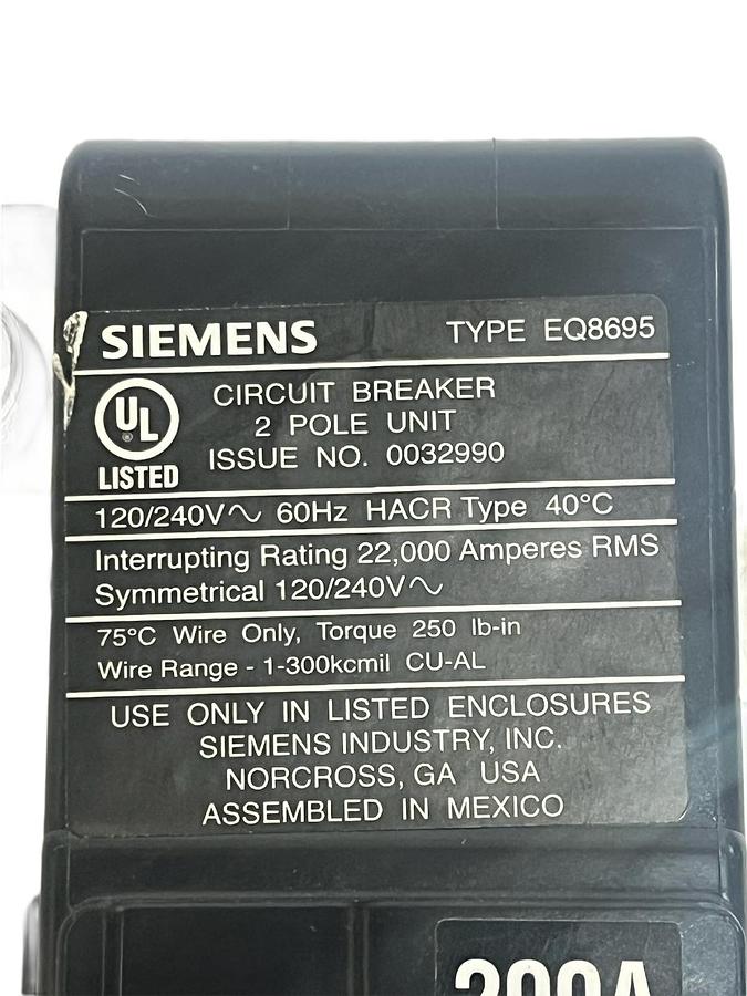 Used Siemens EQ8695 200 Amp 2-Pole Main Circuit Breaker 120/240V
