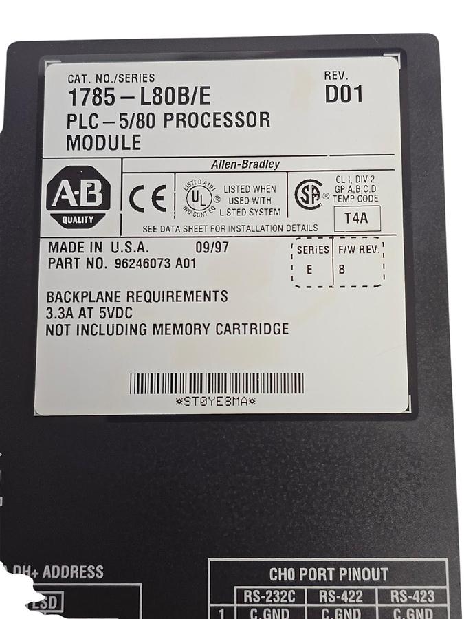 Used ALLEN BRADLEY 1785-L80B /E PLC-5/80 PROCESSOR MODULE REV. D01 F/W REV. B SER. E