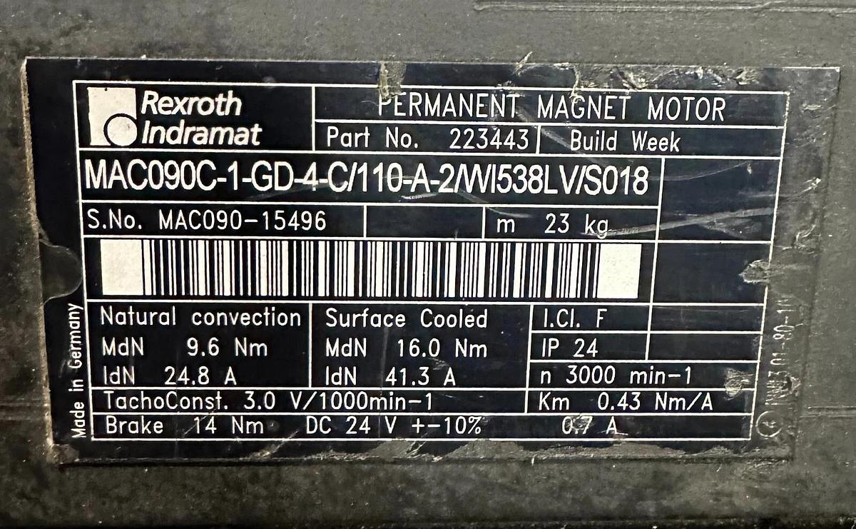 Refurbished REPAIRED INDRAMAT MAC090C-1-GD-4-C/110-A-2/WI538LV/S018 SERVO MOTOR 6.9Nm 223443