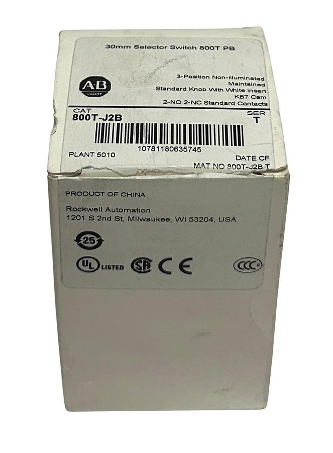 Used ALLEN BRADLEY 800T-J2B /T BULLETIN 800T 30mm SELECTOR SWITCH 3-POS 2NO/2NC NSMP