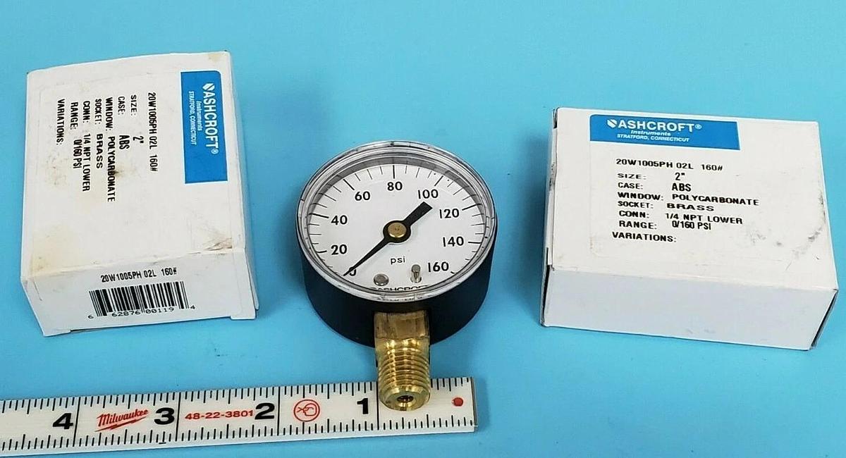 Used LOT OF 2 NIB ASHCROFT 20W1005PH 02L 160# PRESSURE GAUGES 0-160PSI, 1/4 NPT LOWER