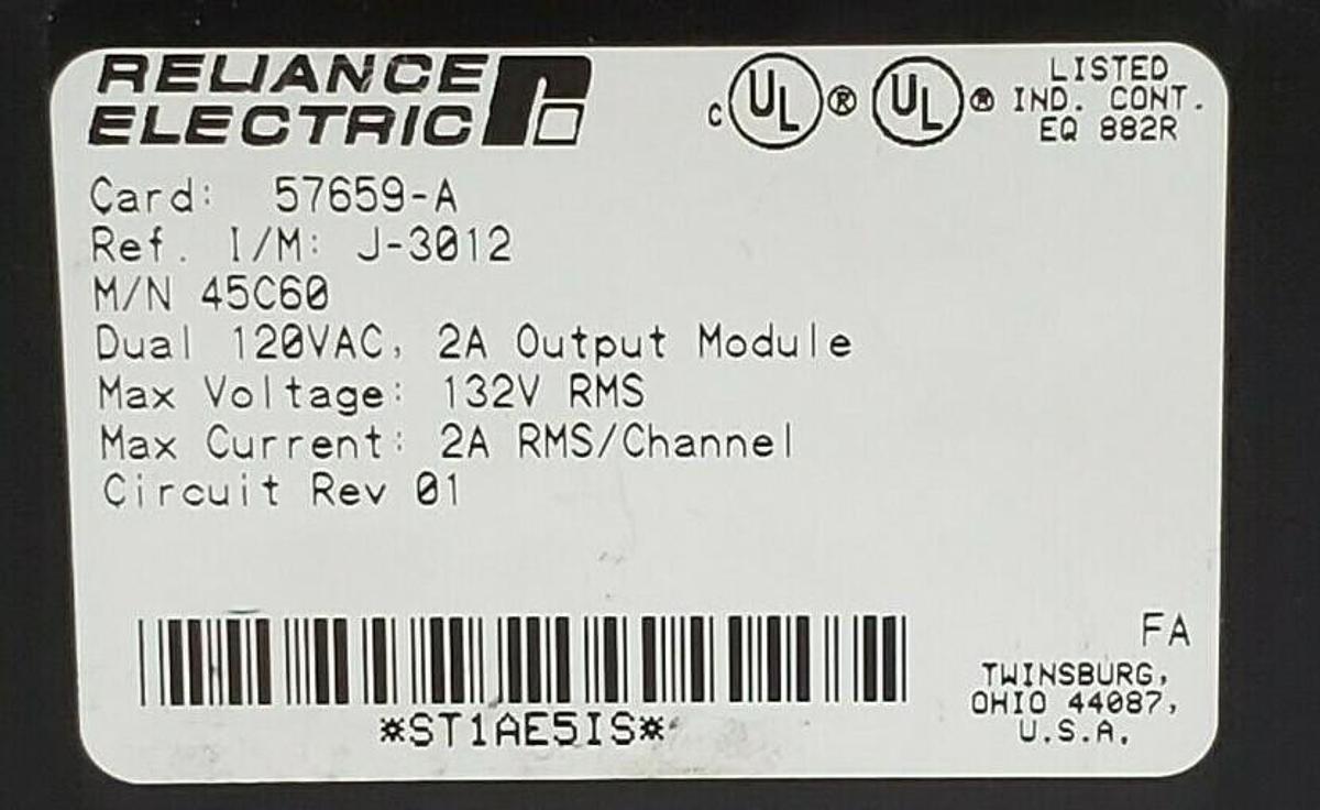 Used RELIANCE ELECTRIC 57659-A PROGRAMMABLE CONTROLLER OUTPUT MODULE 45C60