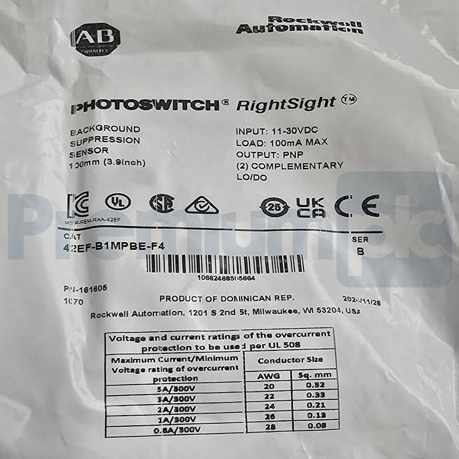 Used Allen-Bradley 42EF-B1MPBE-F4 /B PHOTOSWITCH RightSight BG Suppression Sensor NEW