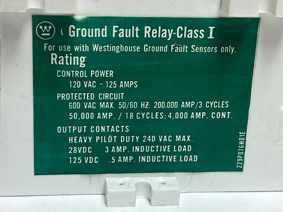 Refurbished Westinghouse 1293C47G02 Ground Fault Relay 120VAC Professionally Repaired