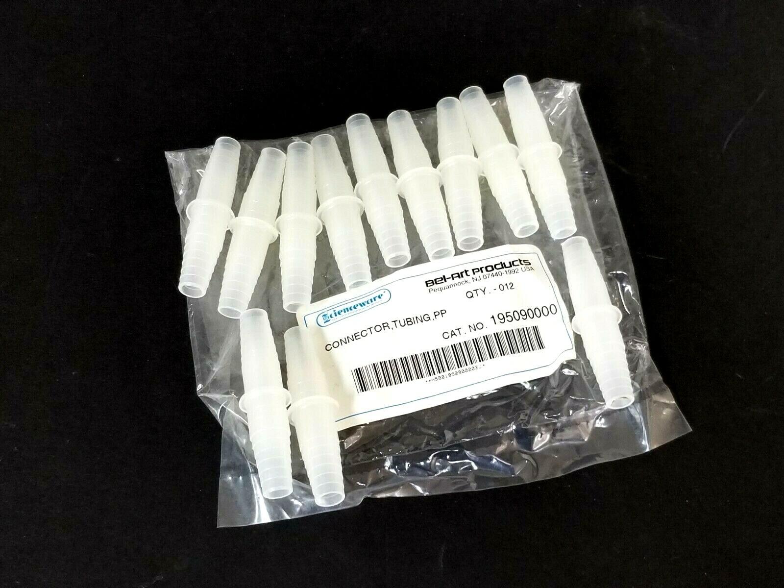 PACK OF 12 NEW BEL-ART PRODUCTS 195090000 TUBING CONNECTORS PP 3/8'' STRAIGHT