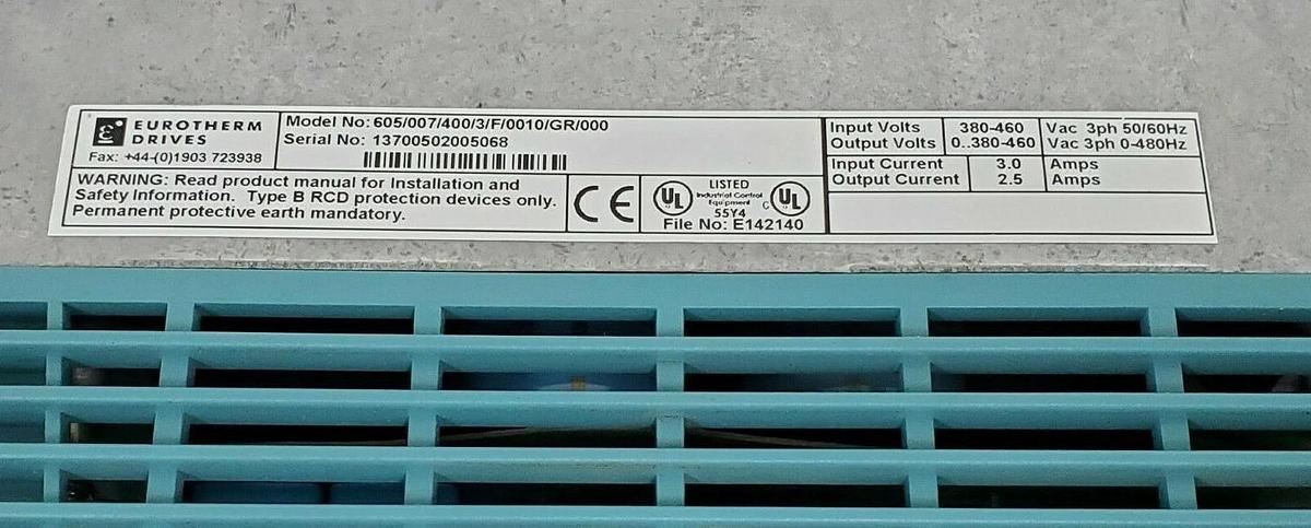 Used EUROTHERM DRIVES 605/007/400/3/F/0010/GR/000 INVERTER DRIVE 0-460VAC 2.5-3.0A