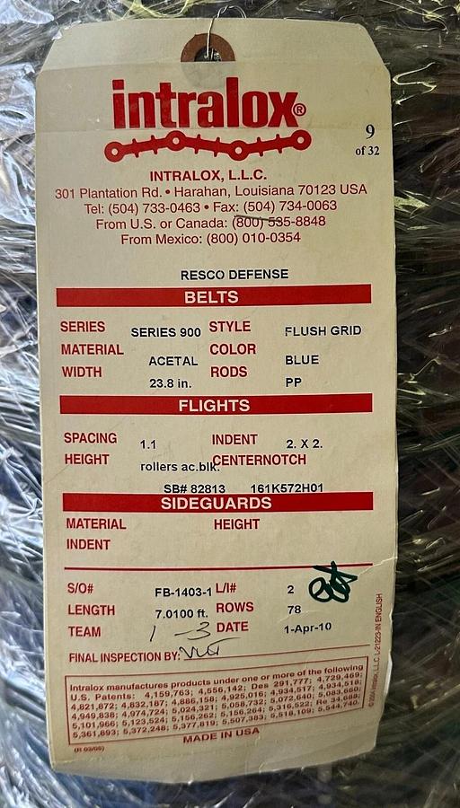 NEW INTRALOX SERIES 900 23.8'' BLUE ACETAL FLUSH GRID BELT 7' LENGTH 161K572H01