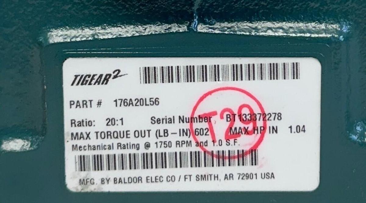 Used DODGE 176A20L56 TIGEAR-2 REDUCER-EXT O/P SHAFT 20:1 RATIO 1.04HP MAX NSMP