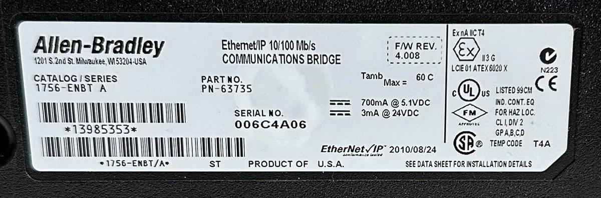 Used ALLEN BRADLEY 1756-ENBT /A ControlLogix EtherNet/IP 10/100Mb/s COMMS 1756ENBT