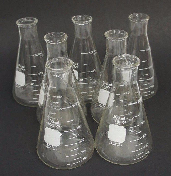 Used LOT OF 7 PYREX 4980 BEAKERS 500ML STOPPER NO. 7