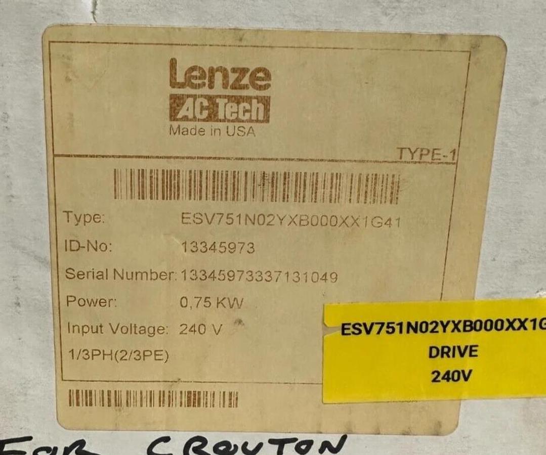 Used LENZE ESV751N02YXB000XX1G41 / 13345973 SMVector DRIVE 0.75kW/1HP ESV751N02YXB