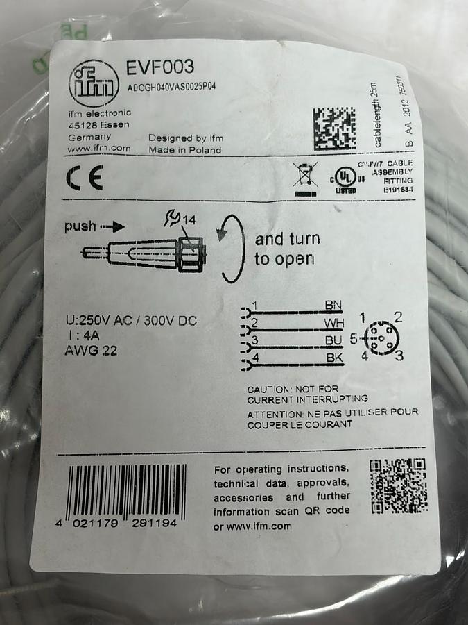 ifm electronic EVF003 M12 Female 4-Pin 25m Industrial Sensor Cable New