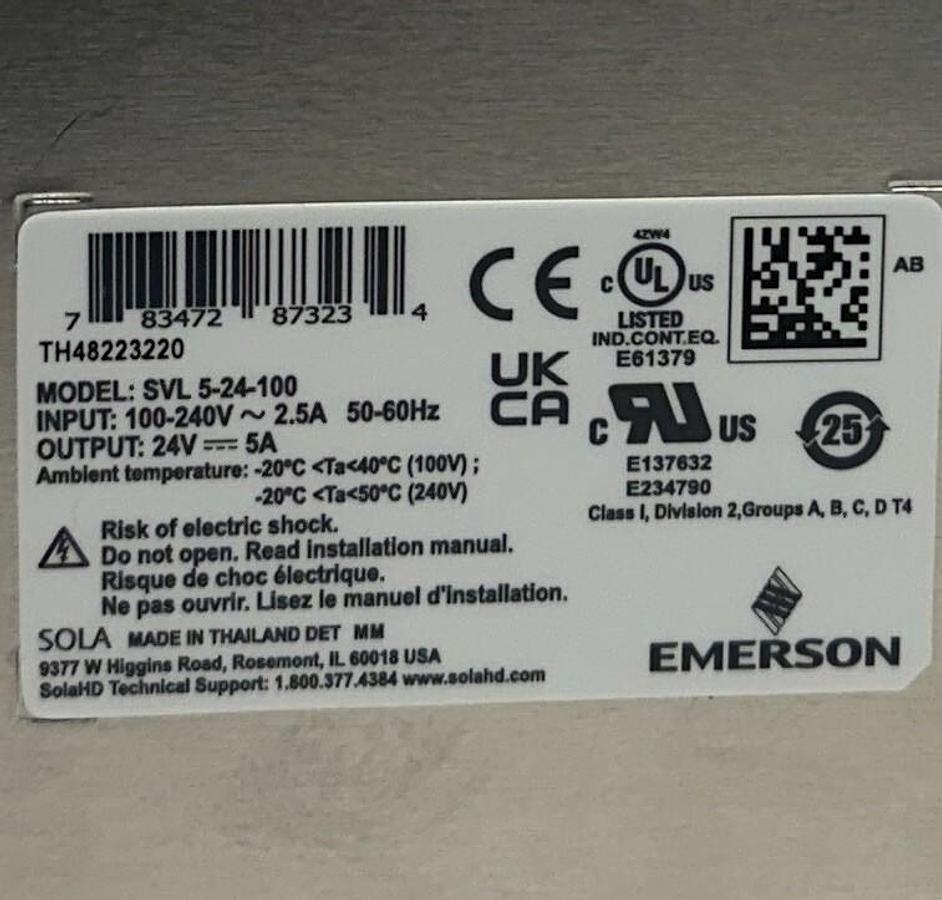 Used EMERSON SOLA SVL 5-24-100 / SVL524100 SVL SERIES POWER SUPPLY 120W 24V OUT NSMP
