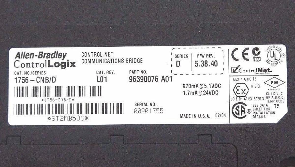 Used ALLEN BRADLEY 1756-CNB/D CONTROL NET COMMUNICATIONS BRIDGE SER. D, CAT. REV. L01