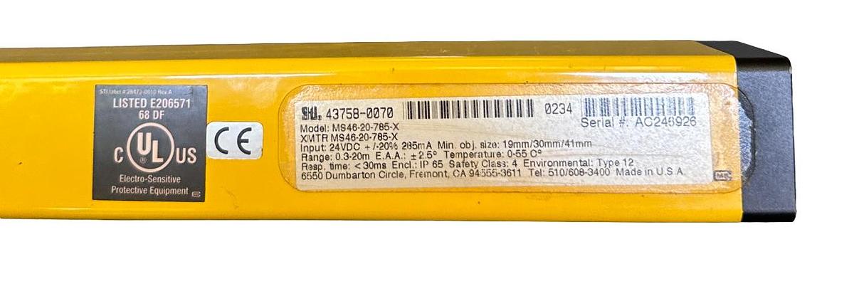Used STI 43758-0070 / MS46-20-785X MiniSafe 4600 SERIES XMTR SAFETY LIGHT CURTAIN 24V