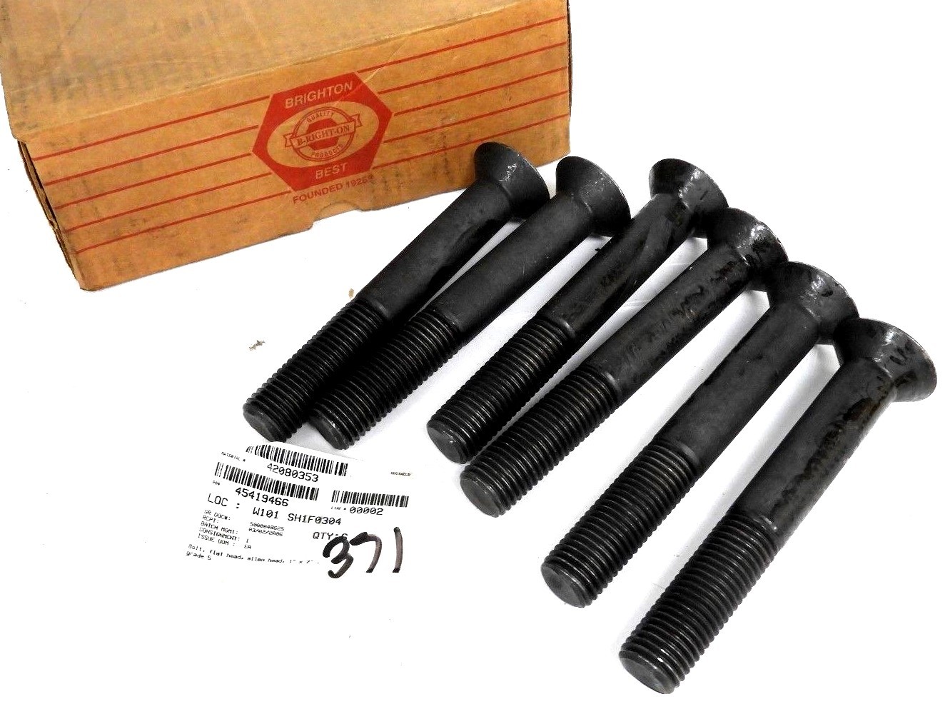 Used LOT OF 6 NEW BRIGHTON BEST 1'' X 7'' GRADE 5 BOLTS, FLAT HEAD, ALLEN HEAD