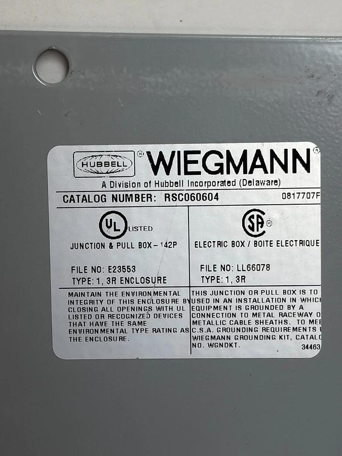 Used Wiegmann RSC060604 NEMA 3R Electrical Junction Box with Unistrut Mount