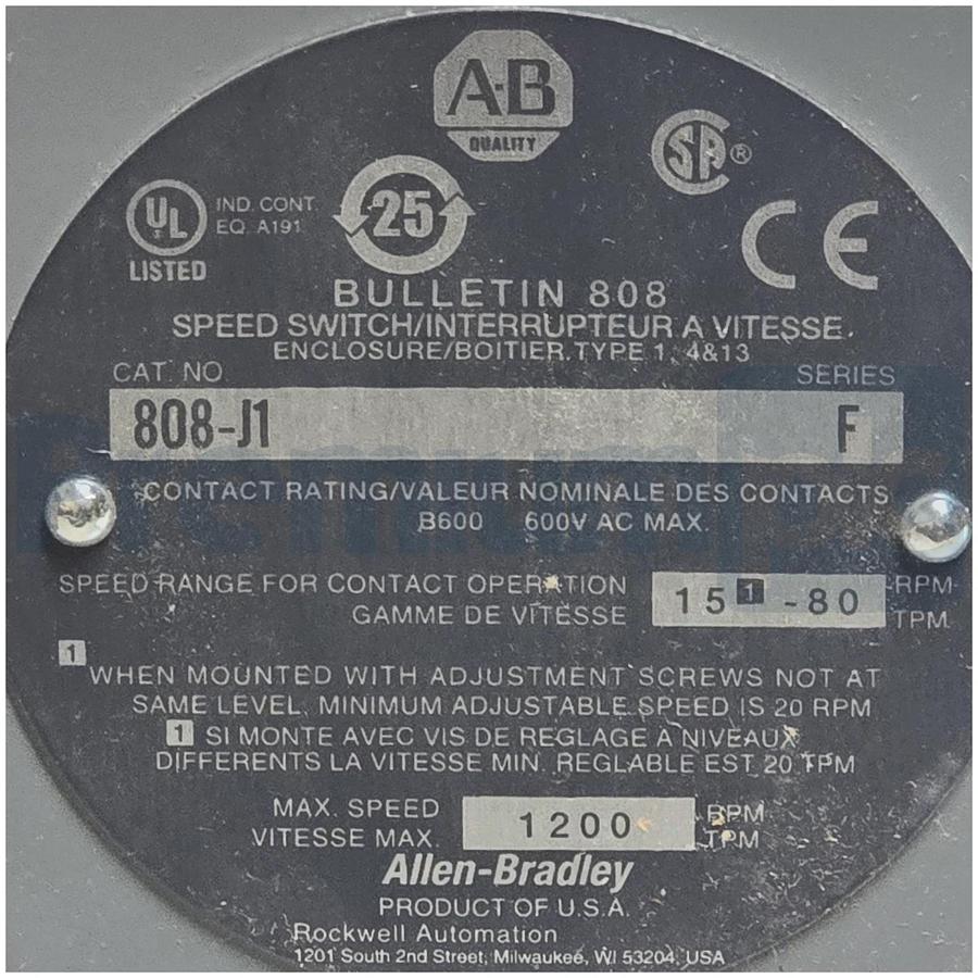 Allen Bradley 808-J1 /F Low Speed 808 Speed Switch Style-J 15-80 RPM 808J1 NSMP