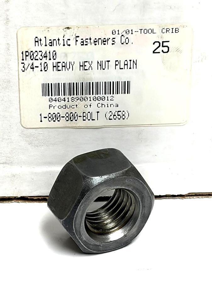 Used Box of 25 Atlantic Fasteners 3/4-10 Heavy Hex Nuts Plain Finish 1P023410