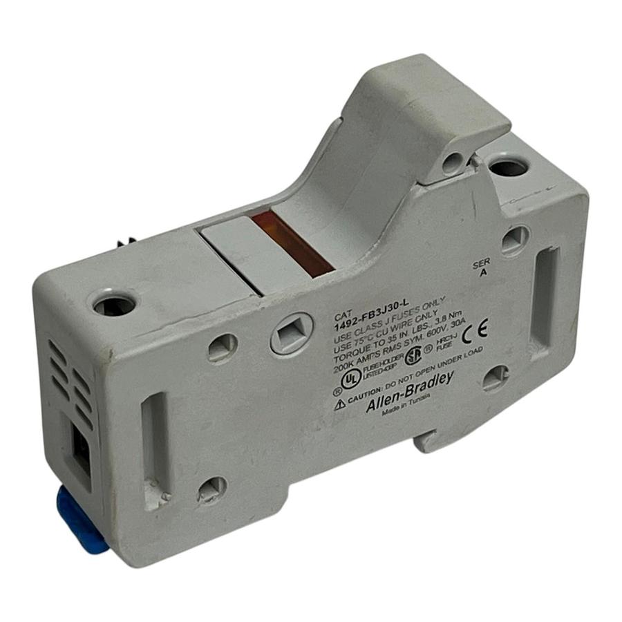 Used Allen-Bradley 1492-FB3J30-L Class J 30A Fuse Holder 600V DIN Blown Indication