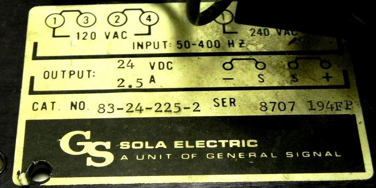 Used SOLA 83-24-225-2 POWER SUPPLY 24VDC 2.5AMP 83242252