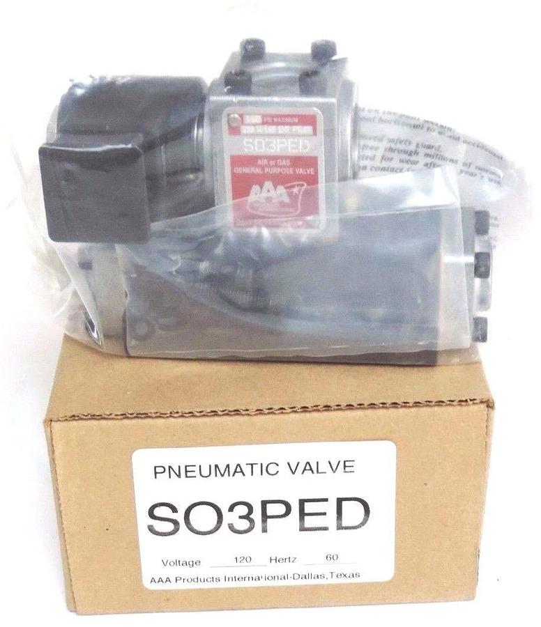 Used NIB AAA SO3PED PNEUMATIC VALVE 120V, 60HZ, 11W, 160 PSI MAX.