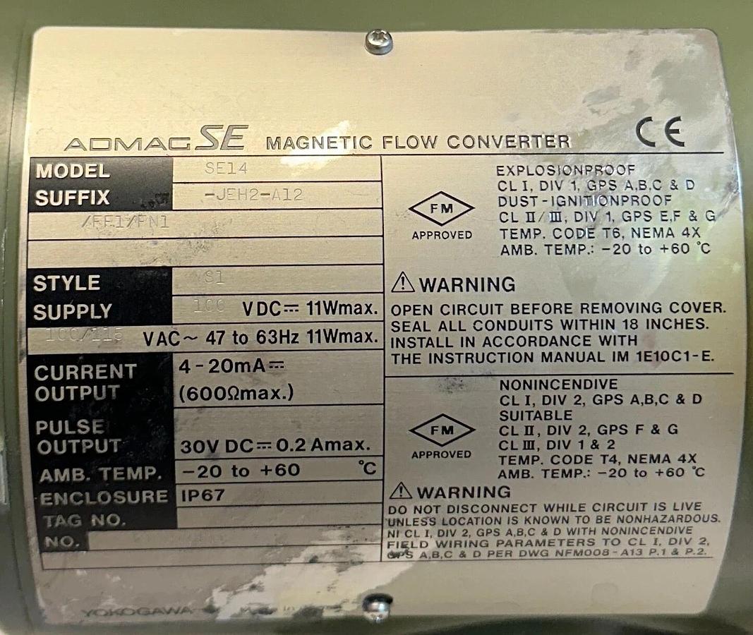 Used YOKOGAWA ADMAG SE SE14-JEH2-A12/FF1/FN1 / SE14 MAGNETIC FLOW CONVERTER 11W USNP