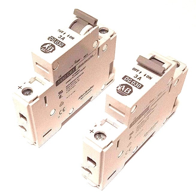 Used LOT OF 2 ALLEN BRADLEY 1492-CB1-DG030 CIRCUIT BREAKERS 3A, SER. B, 1492CB1DG0
